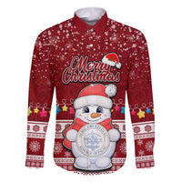 Personalised Palau Christmas Family Matching Off Shoulder Short Dress and Hawaiian Shirt Snowman and Palau Coat of Arms Maori Tribal Xmas Style LT03 Dad's Shirt - Long Sleeve Red - Polynesian Pride
