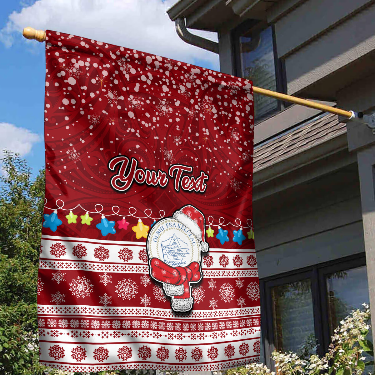 Personalised Palau Christmas Garden Flag Snowman and Palau Coat of Arms Maori Tribal Xmas Style LT03 - Polynesian Pride