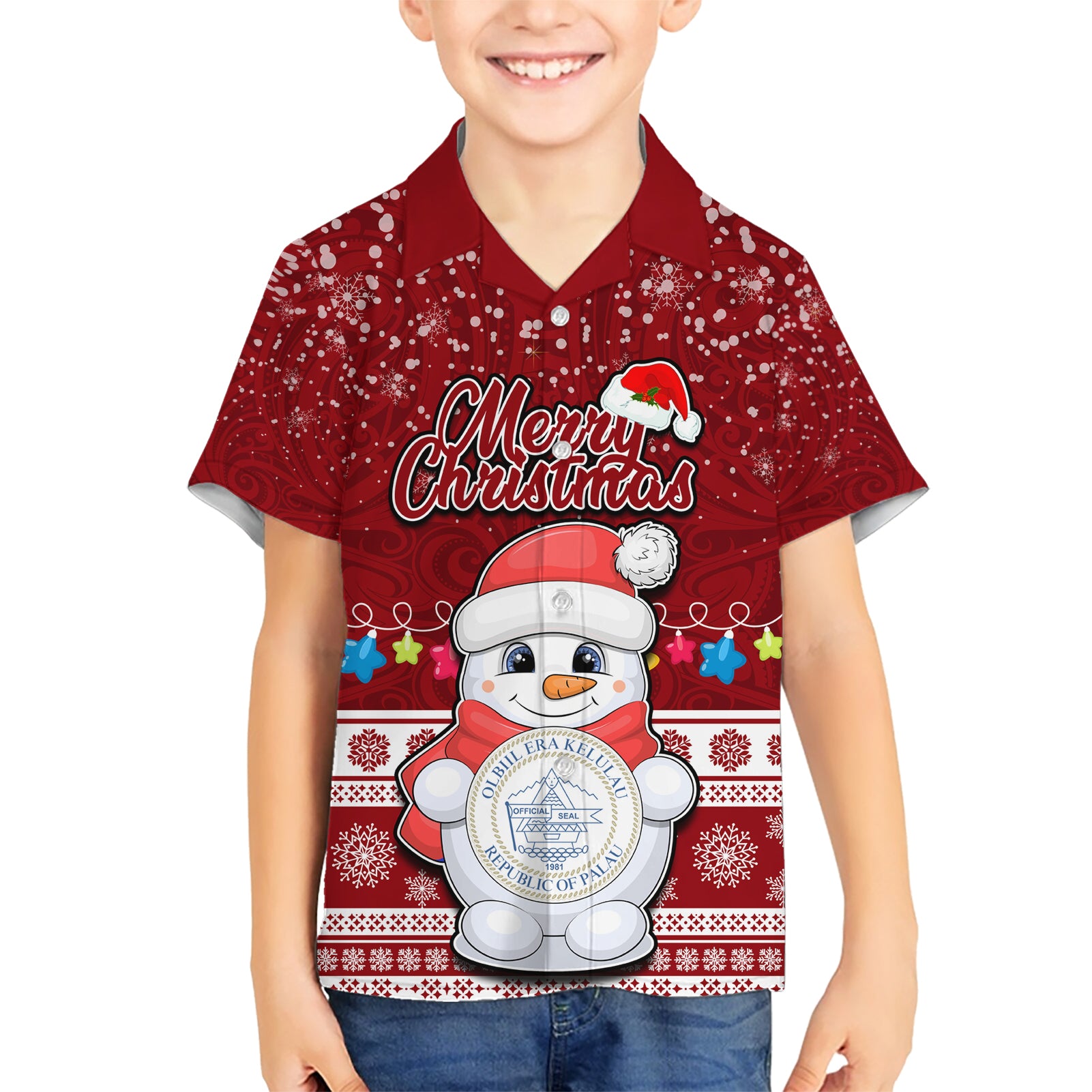 Personalised Palau Christmas Kid Hawaiian Shirt Snowman and Palau Coat of Arms Maori Tribal Xmas Style LT03 Kid Red - Polynesian Pride