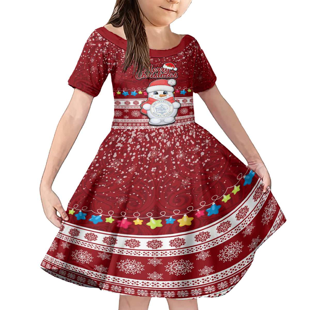 Personalised Palau Christmas Kid Short Sleeve Dress Snowman and Palau Coat of Arms Maori Tribal Xmas Style LT03 KID Red - Polynesian Pride