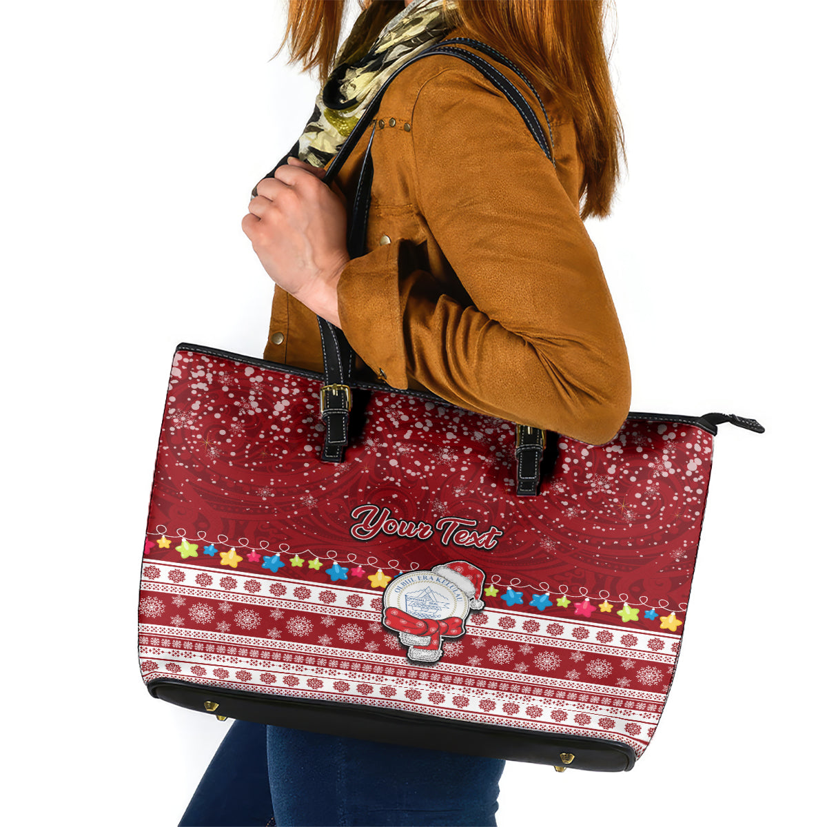 Personalised Palau Christmas Leather Tote Bag Snowman and Palau Coat of Arms Maori Tribal Xmas Style LT03 Red - Polynesian Pride