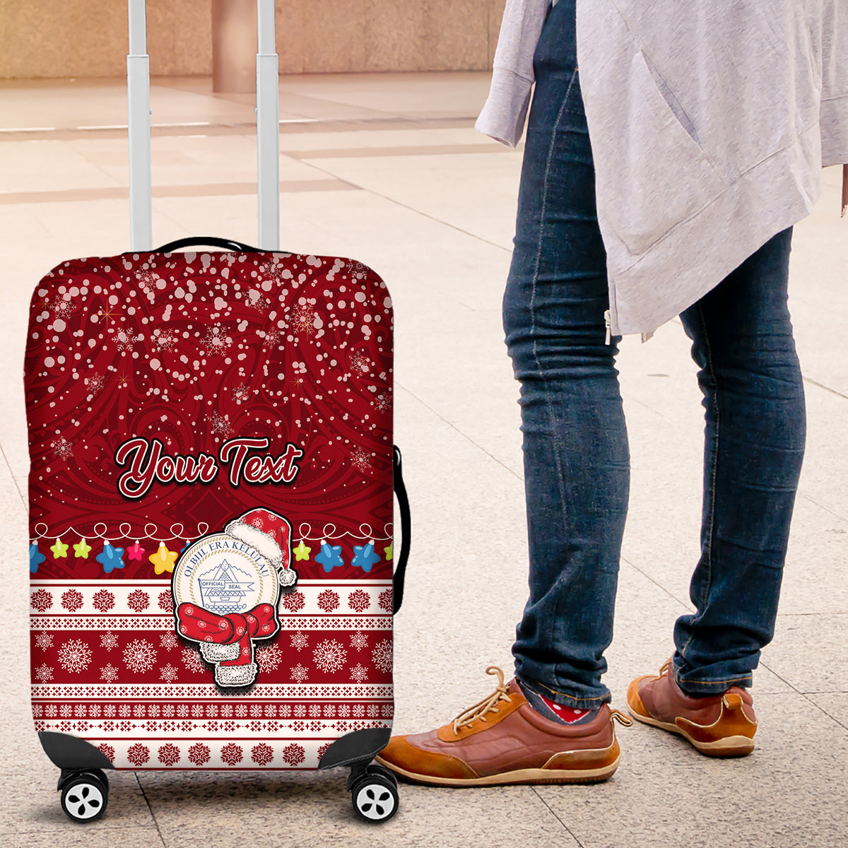 Personalised Palau Christmas Luggage Cover Snowman and Palau Coat of Arms Maori Tribal Xmas Style LT03 Red - Polynesian Pride