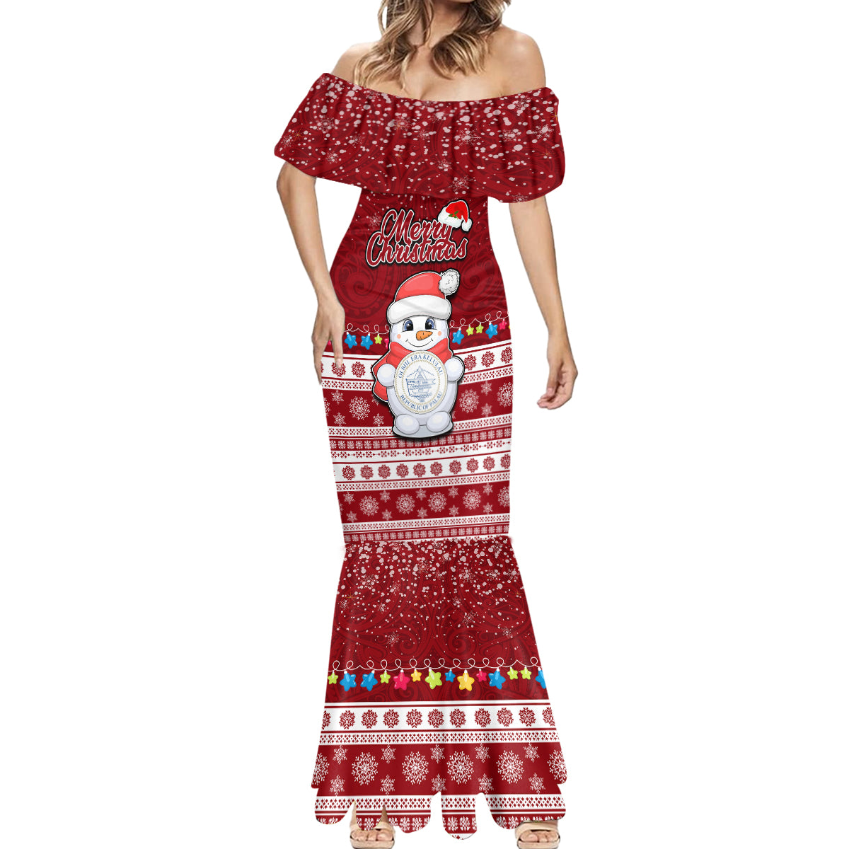 Personalised Palau Christmas Mermaid Dress Snowman and Palau Coat of Arms Maori Tribal Xmas Style LT03 - Polynesian Pride