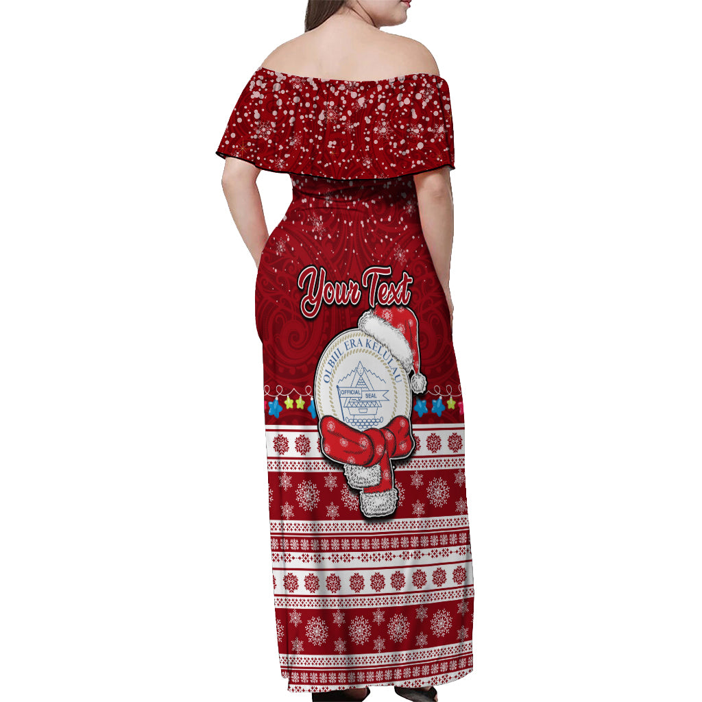 Personalised Palau Christmas Off Shoulder Maxi Dress Snowman and Palau Coat of Arms Maori Tribal Xmas Style LT03 - Polynesian Pride