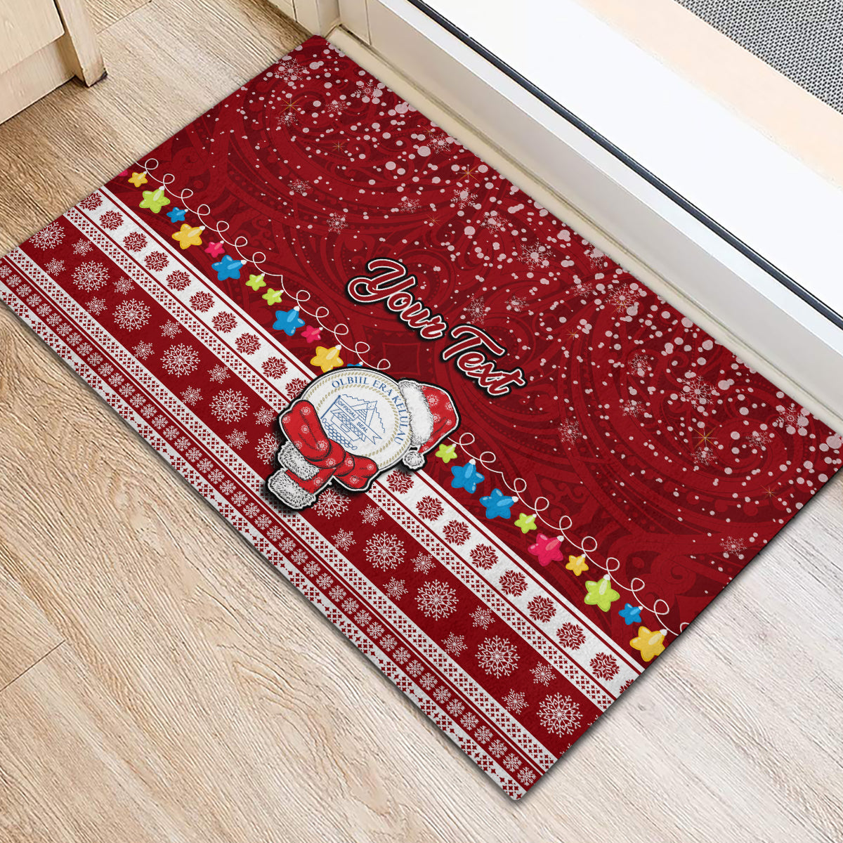 Personalised Palau Christmas Rubber Doormat Snowman and Palau Coat of Arms Maori Tribal Xmas Style LT03 - Polynesian Pride