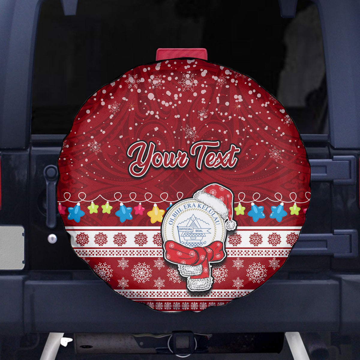 Personalised Palau Christmas Spare Tire Cover Snowman and Palau Coat of Arms Maori Tribal Xmas Style LT03 Red - Polynesian Pride