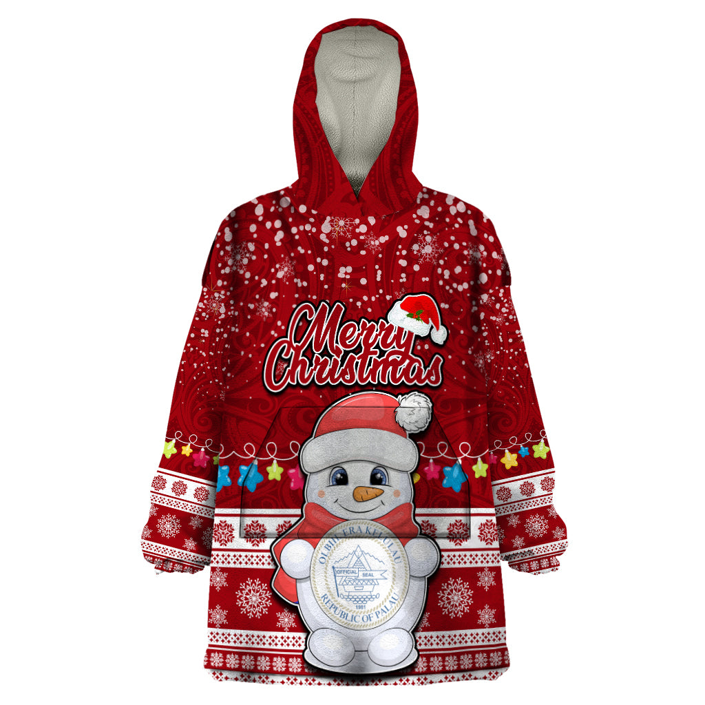 Personalised Palau Christmas Wearable Blanket Hoodie Snowman and Palau Coat of Arms Maori Tribal Xmas Style LT03 One Size Red - Polynesian Pride
