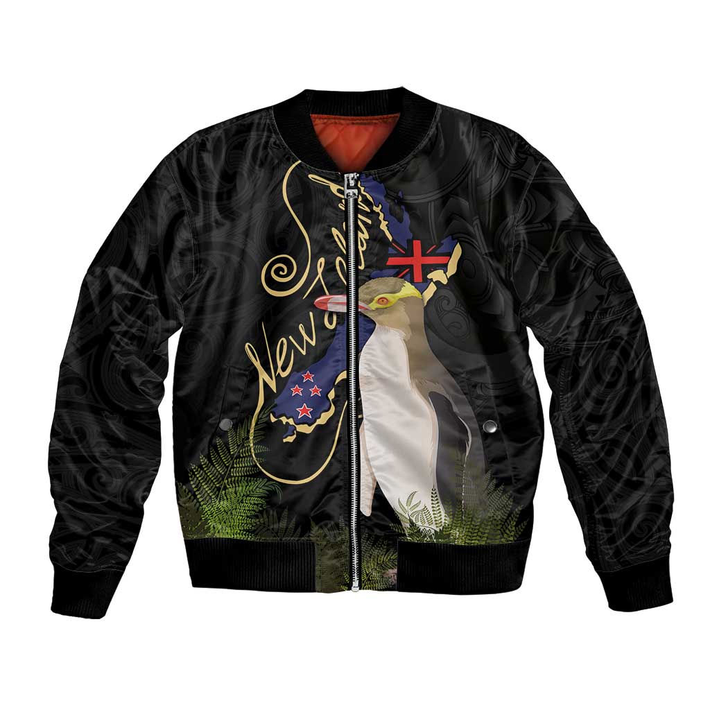 New Zealand Hoiho Bomber Jacket Maori Art Tattoo and Silver Fern LT03 Unisex Black - Polynesian Pride