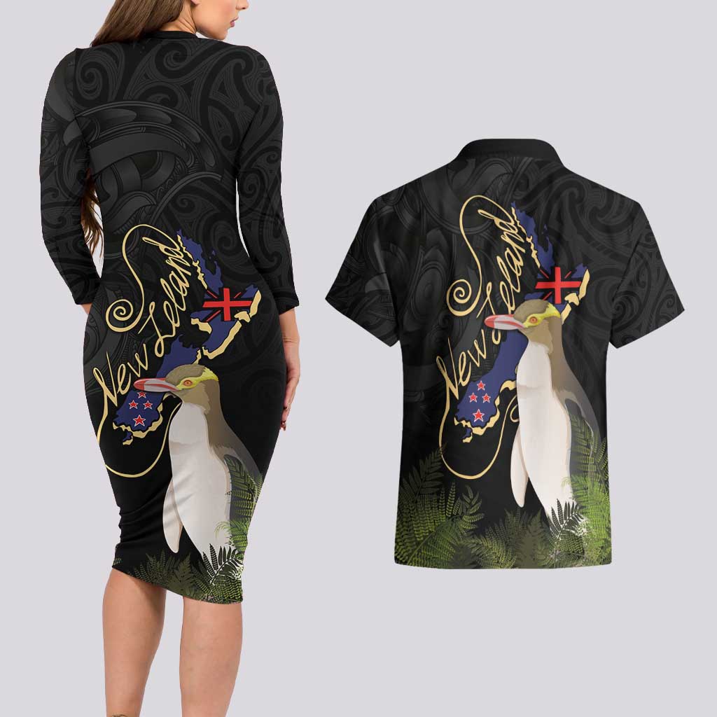 New Zealand Hoiho Couples Matching Long Sleeve Bodycon Dress and Hawaiian Shirt Maori Art Tattoo and Silver Fern