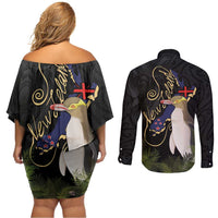 New Zealand Hoiho Couples Matching Off Shoulder Short Dress and Long Sleeve Button Shirt Maori Art Tattoo and Silver Fern