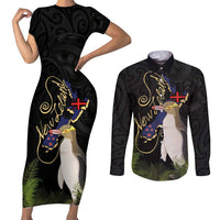 New Zealand Hoiho Couples Matching Short Sleeve Bodycon Dress and Long Sleeve Button Shirt Maori Art Tattoo and Silver Fern