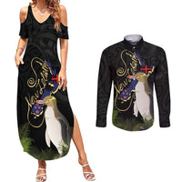 New Zealand Hoiho Couples Matching Summer Maxi Dress and Long Sleeve Button Shirt Maori Art Tattoo and Silver Fern