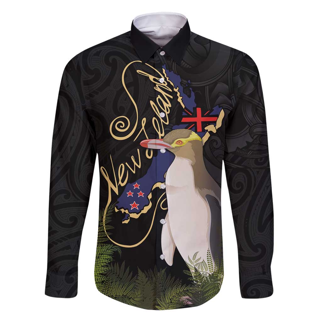 New Zealand Hoiho Family Matching Mermaid Dress and Hawaiian Shirt Maori Art Tattoo and Silver Fern LT03 Dad's Shirt - Long Sleeve Black - Polynesian Pride