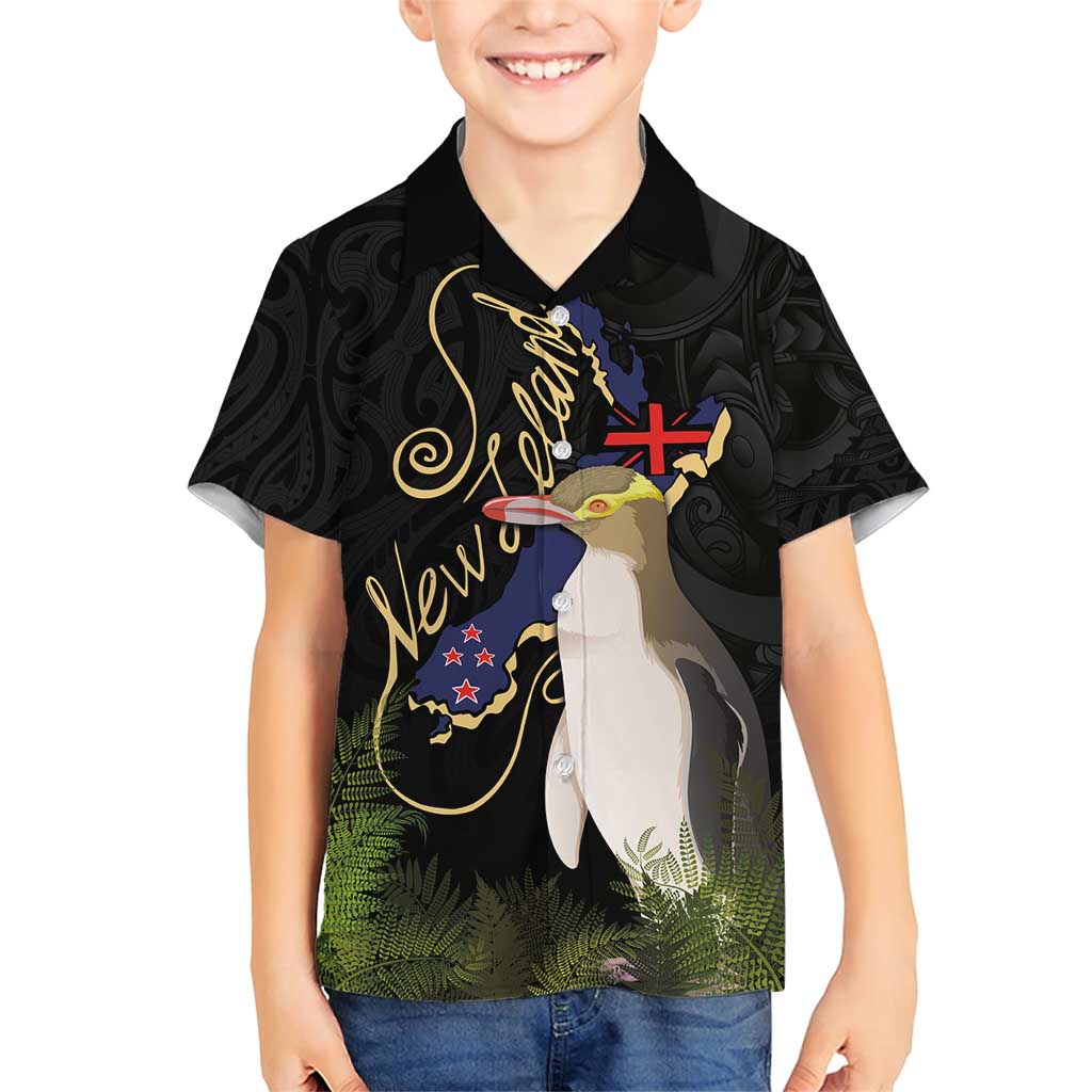New Zealand Hoiho Family Matching Short Sleeve Bodycon Dress and Hawaiian Shirt Maori Art Tattoo and Silver Fern LT03 Son's Shirt Black - Polynesian Pride