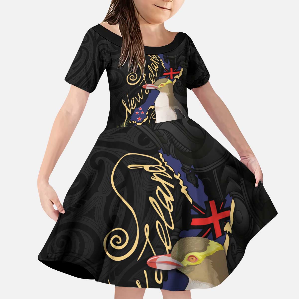 New Zealand Hoiho Kid Short Sleeve Dress Maori Art Tattoo and Silver Fern