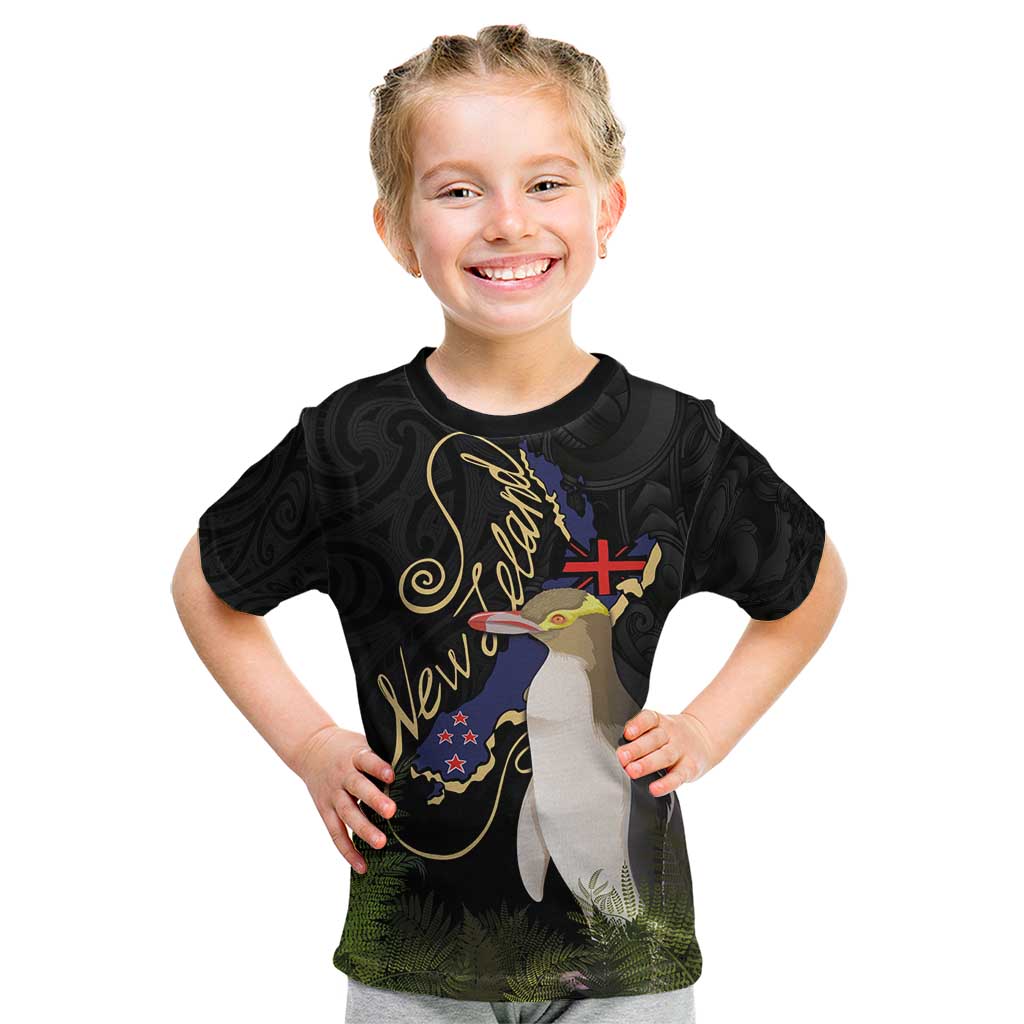 New Zealand Hoiho Kid T Shirt Maori Art Tattoo and Silver Fern