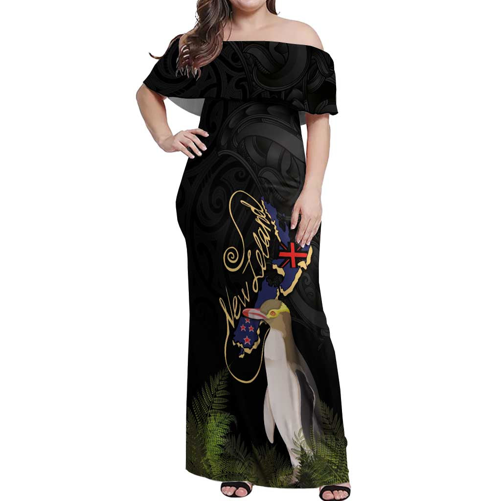 New Zealand Hoiho Off Shoulder Maxi Dress Maori Art Tattoo and Silver Fern
