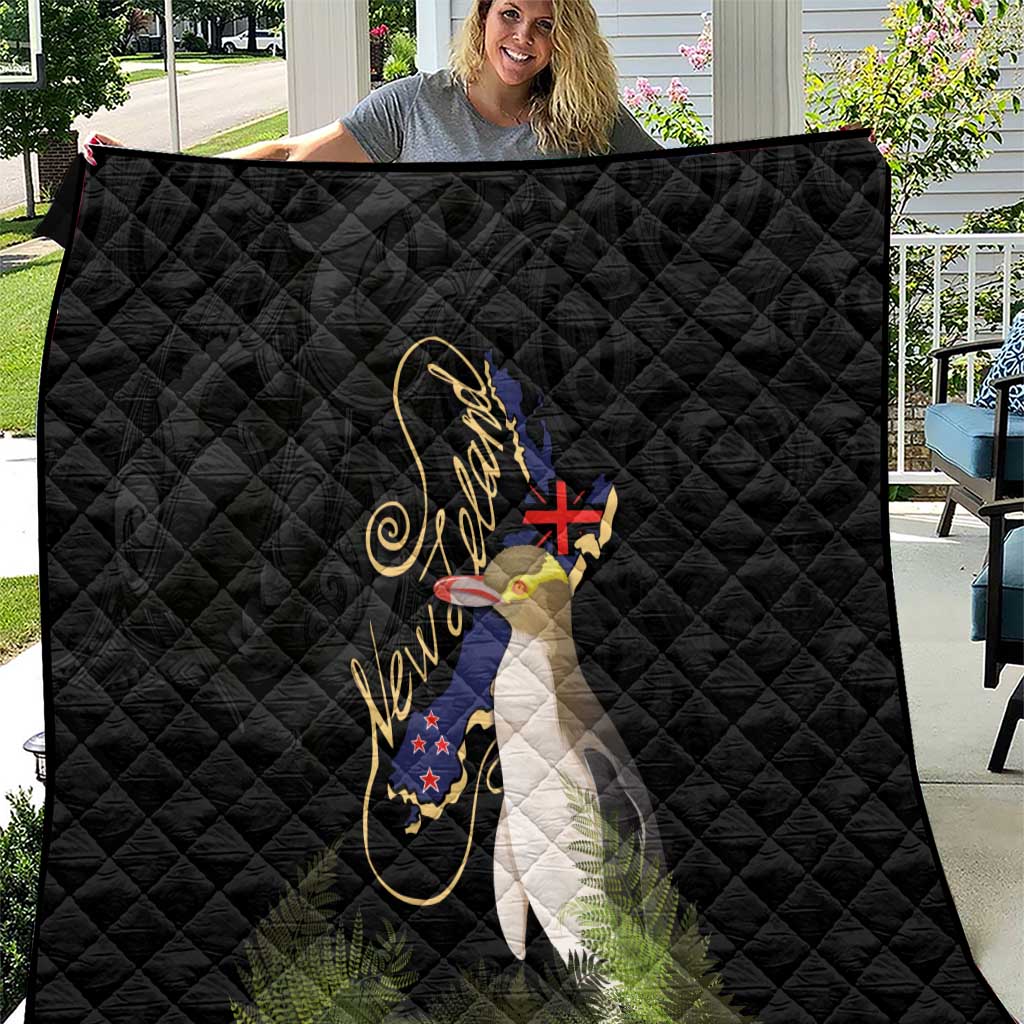 New Zealand Hoiho Quilt Maori Art Tattoo and Silver Fern LT03 Black - Polynesian Pride