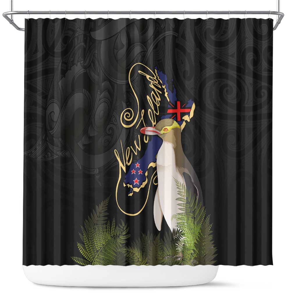 New Zealand Hoiho Shower Curtain Maori Art Tattoo and Silver Fern LT03 Black - Polynesian Pride