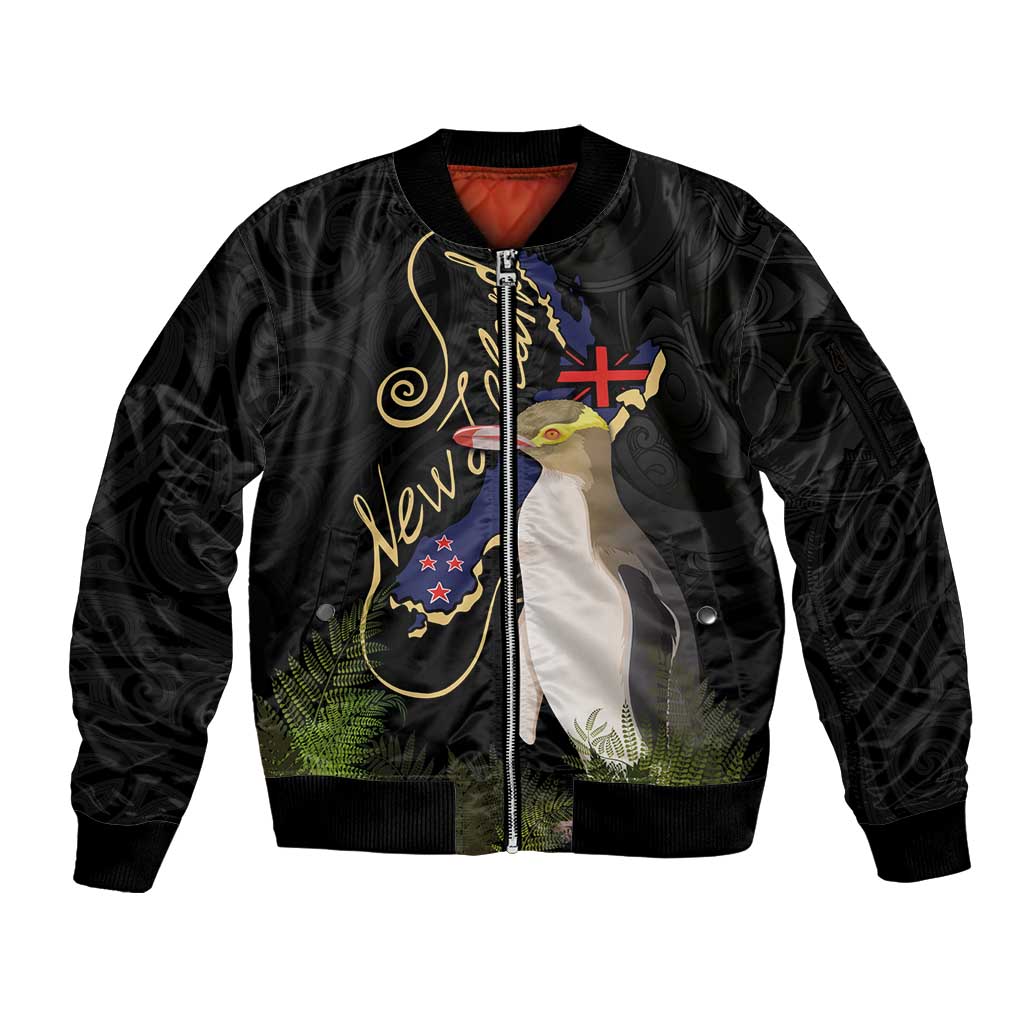New Zealand Hoiho Sleeve Zip Bomber Jacket Maori Art Tattoo and Silver Fern LT03 Unisex Black - Polynesian Pride