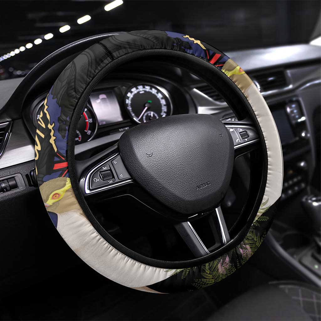 New Zealand Hoiho Steering Wheel Cover Maori Art Tattoo and Silver Fern LT03 Universal Fit Black - Polynesian Pride