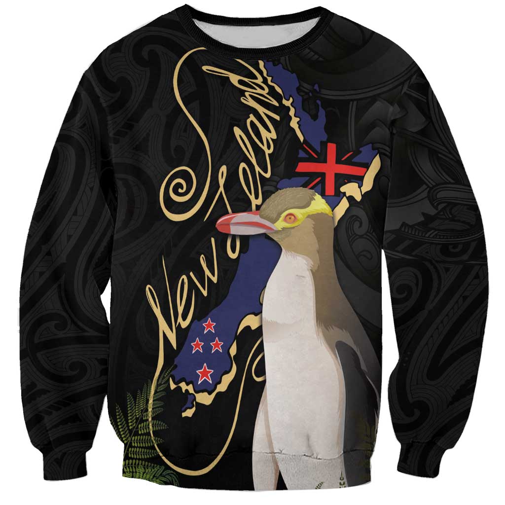 New Zealand Hoiho Sweatshirt Maori Art Tattoo and Silver Fern