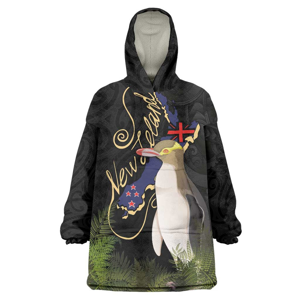 New Zealand Hoiho Wearable Blanket Hoodie Maori Art Tattoo and Silver Fern LT03 One Size Black - Polynesian Pride