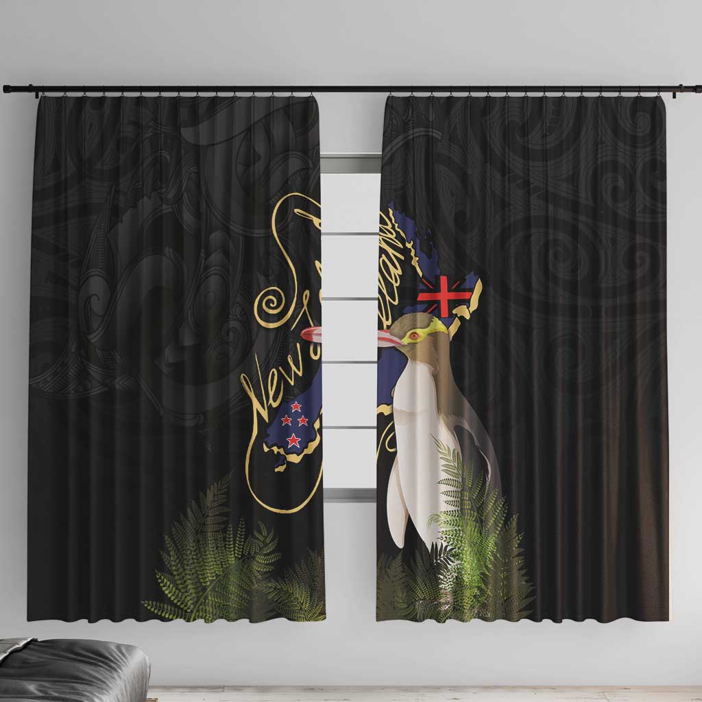 New Zealand Hoiho Window Curtain Maori Art Tattoo and Silver Fern LT03 With Hooks Black - Polynesian Pride