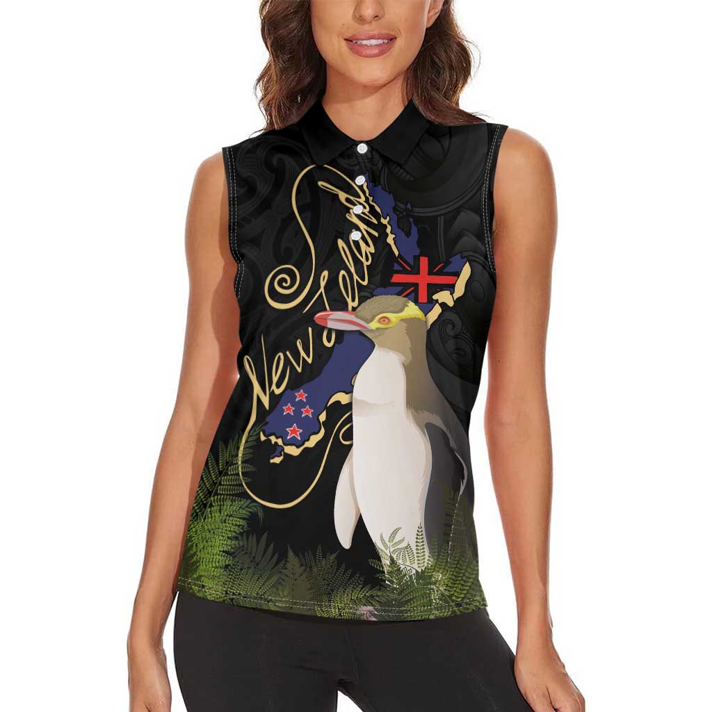 New Zealand Hoiho Women Sleeveless Polo Shirt Maori Art Tattoo and Silver Fern