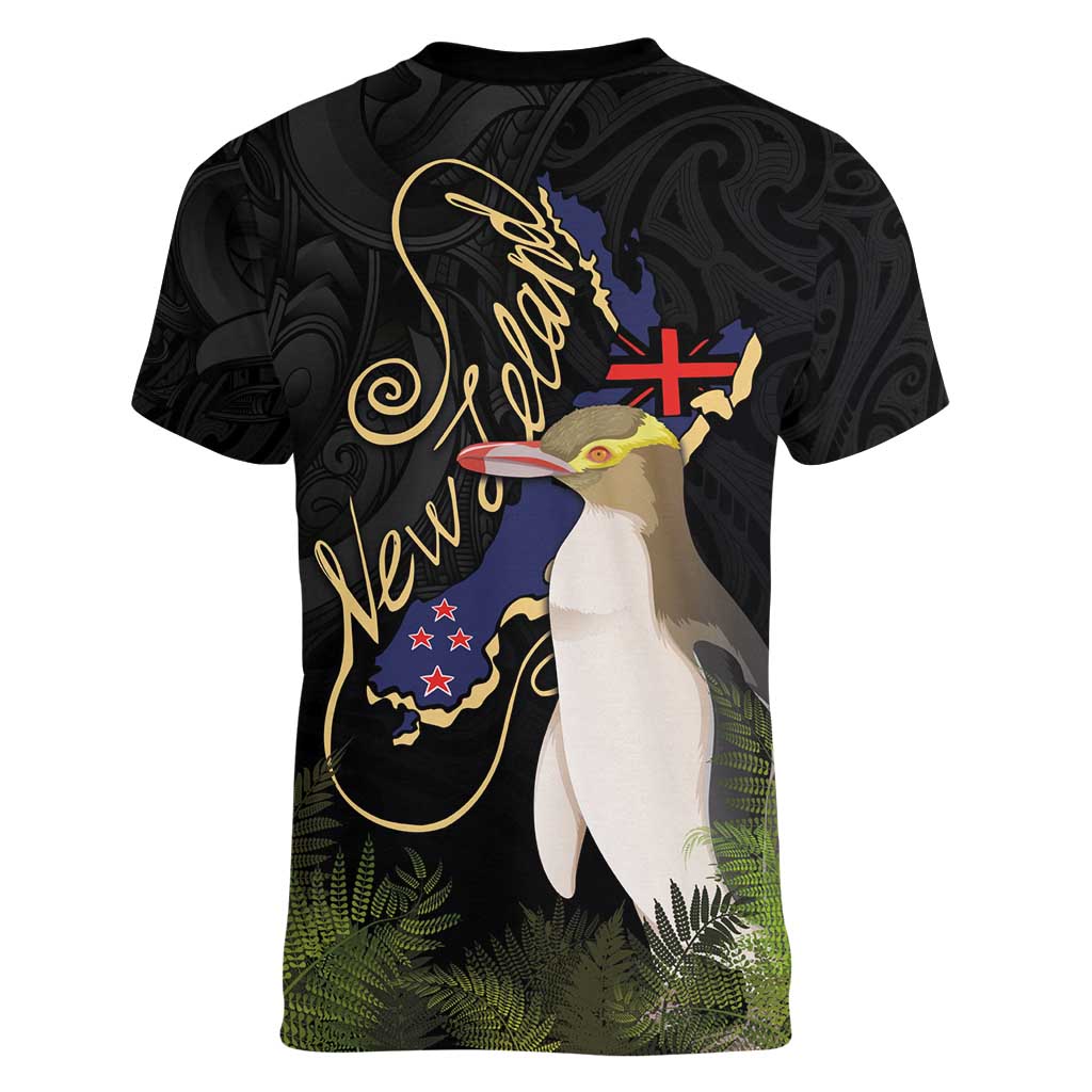 New Zealand Hoiho Women V-Neck T-Shirt Maori Art Tattoo and Silver Fern