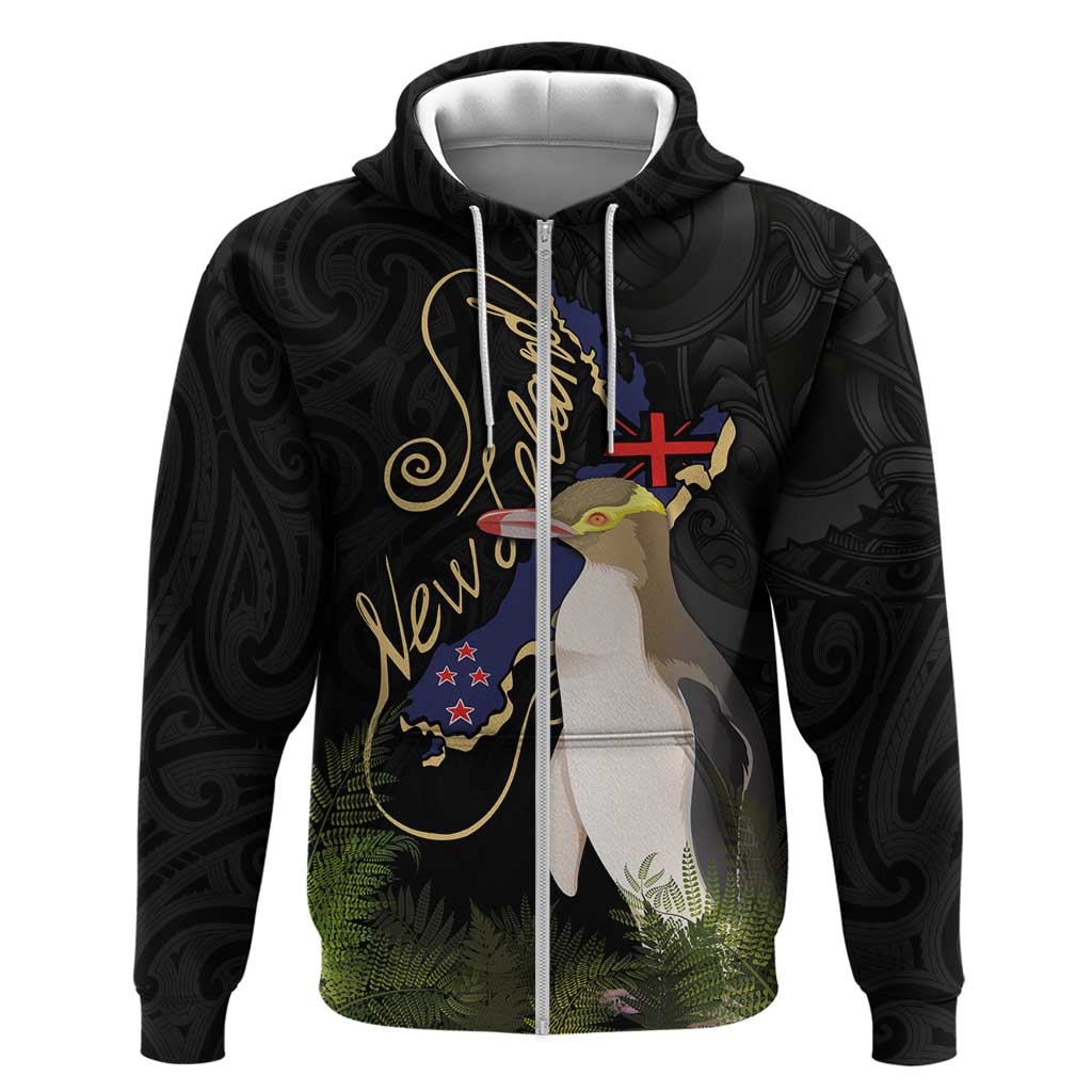 New Zealand Hoiho Zip Hoodie Maori Art Tattoo and Silver Fern LT03 Zip Hoodie Black - Polynesian Pride