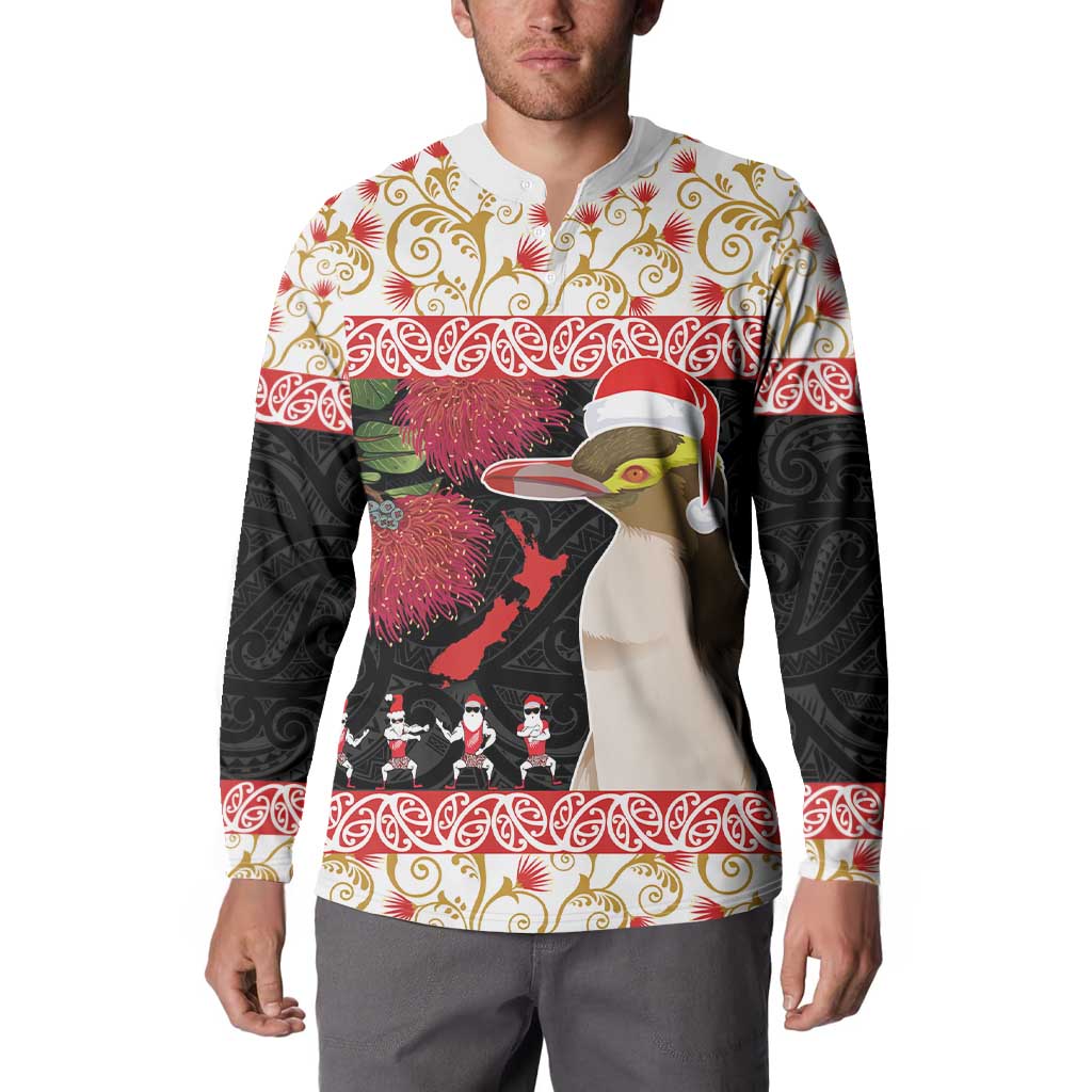 New Zealand Merry Christmas Button Sweatshirt Hoiho Xmas - Haka Dance and Pohutukawa