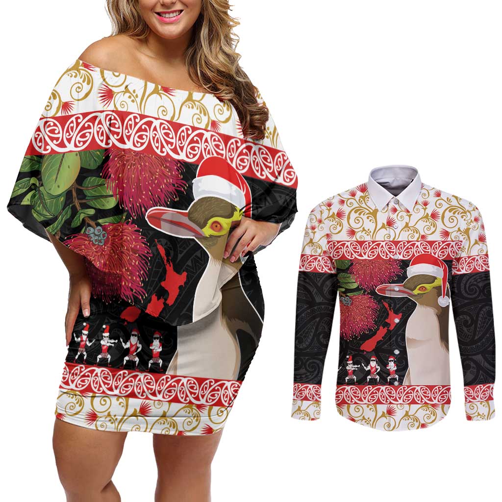 New Zealand Merry Christmas Couples Matching Off Shoulder Short Dress and Long Sleeve Button Shirt Hoiho Xmas - Haka Dance and Pohutukawa