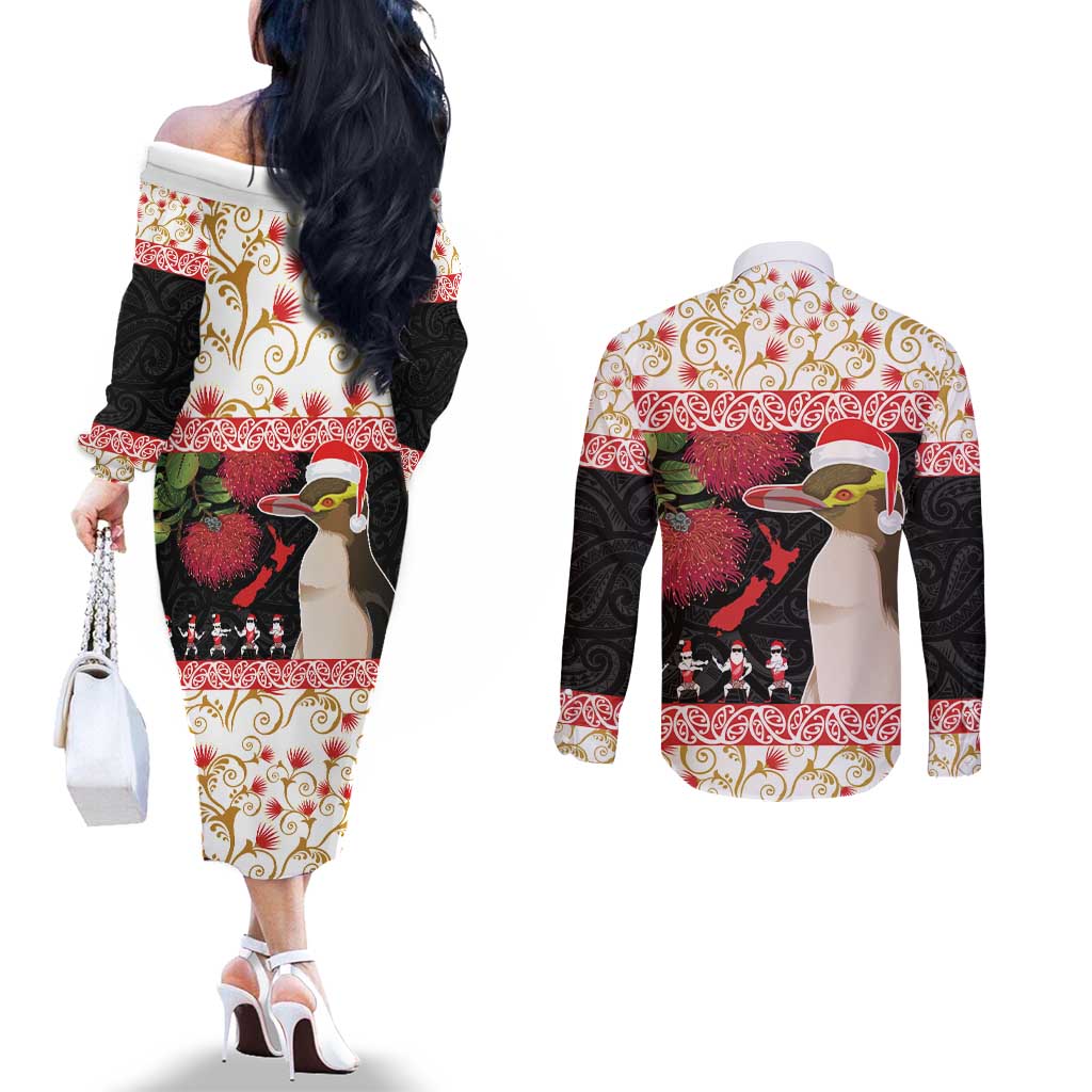 New Zealand Merry Christmas Couples Matching Off The Shoulder Long Sleeve Dress and Long Sleeve Button Shirt Hoiho Xmas - Haka Dance and Pohutukawa