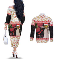 New Zealand Merry Christmas Couples Matching Off The Shoulder Long Sleeve Dress and Long Sleeve Button Shirt Hoiho Xmas - Haka Dance and Pohutukawa