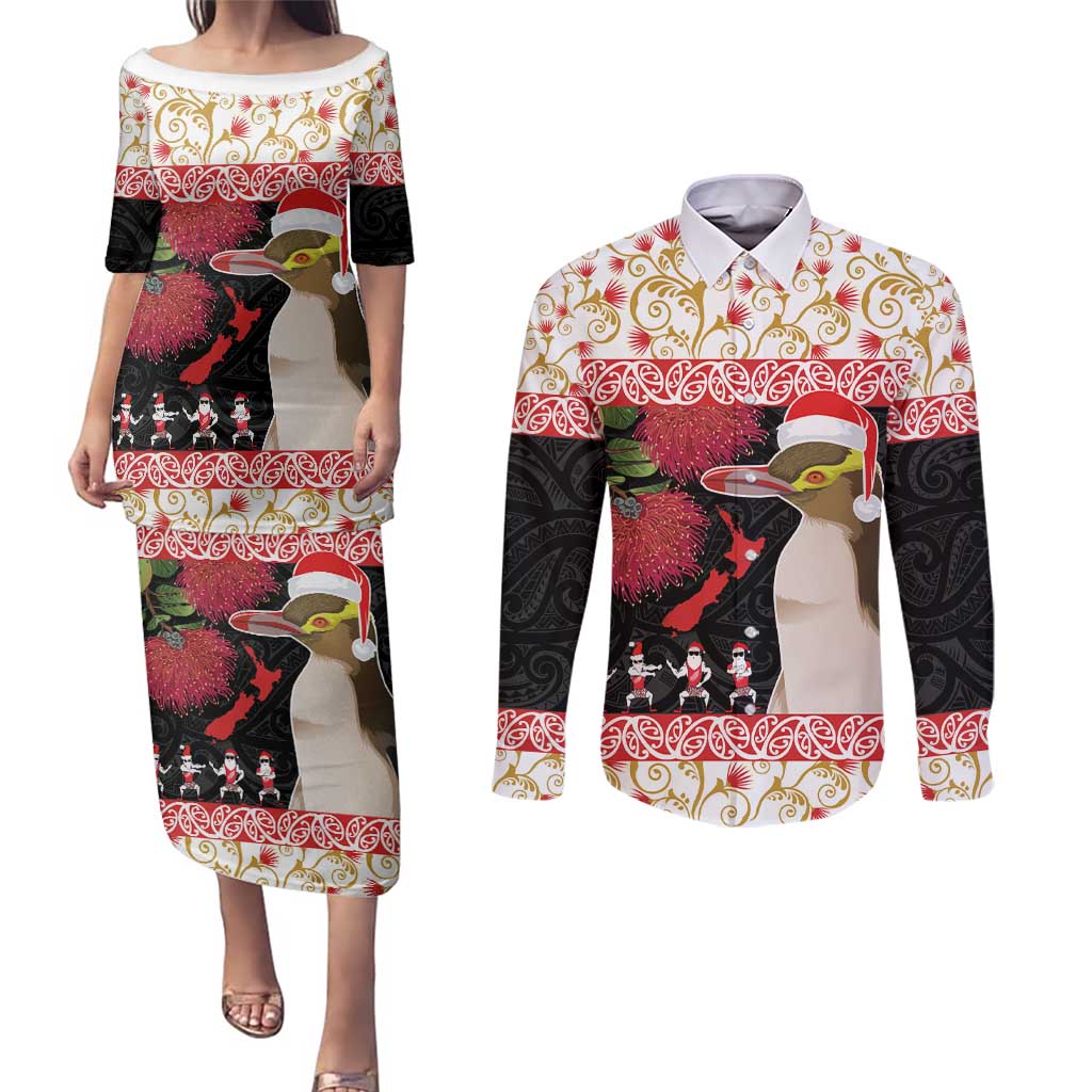 New Zealand Merry Christmas Couples Matching Puletasi and Long Sleeve Button Shirt Hoiho Xmas - Haka Dance and Pohutukawa