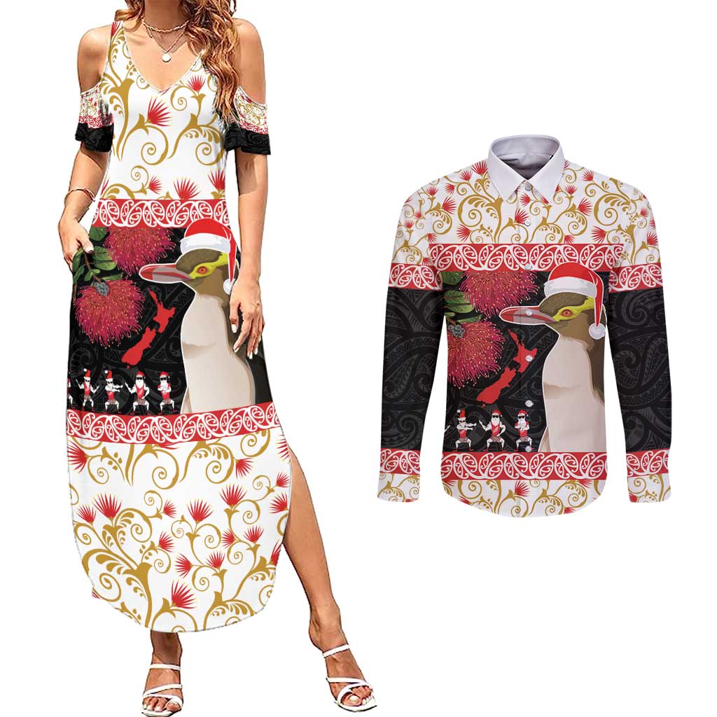 New Zealand Merry Christmas Couples Matching Summer Maxi Dress and Long Sleeve Button Shirt Hoiho Xmas - Haka Dance and Pohutukawa