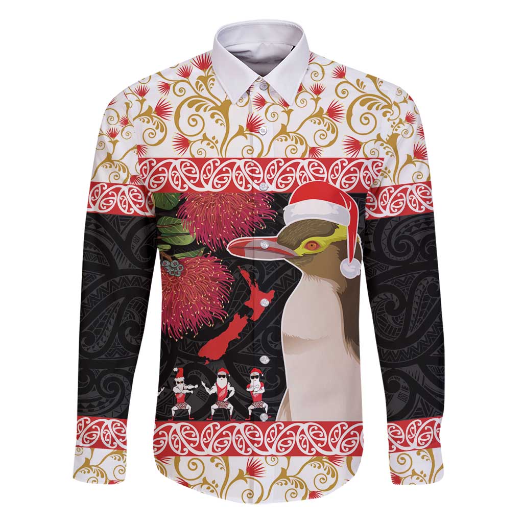 New Zealand Merry Christmas Family Matching Mermaid Dress and Hawaiian Shirt Hoiho Xmas - Haka Dance and Pohutukawa LT03 Dad's Shirt - Long Sleeve White - Polynesian Pride