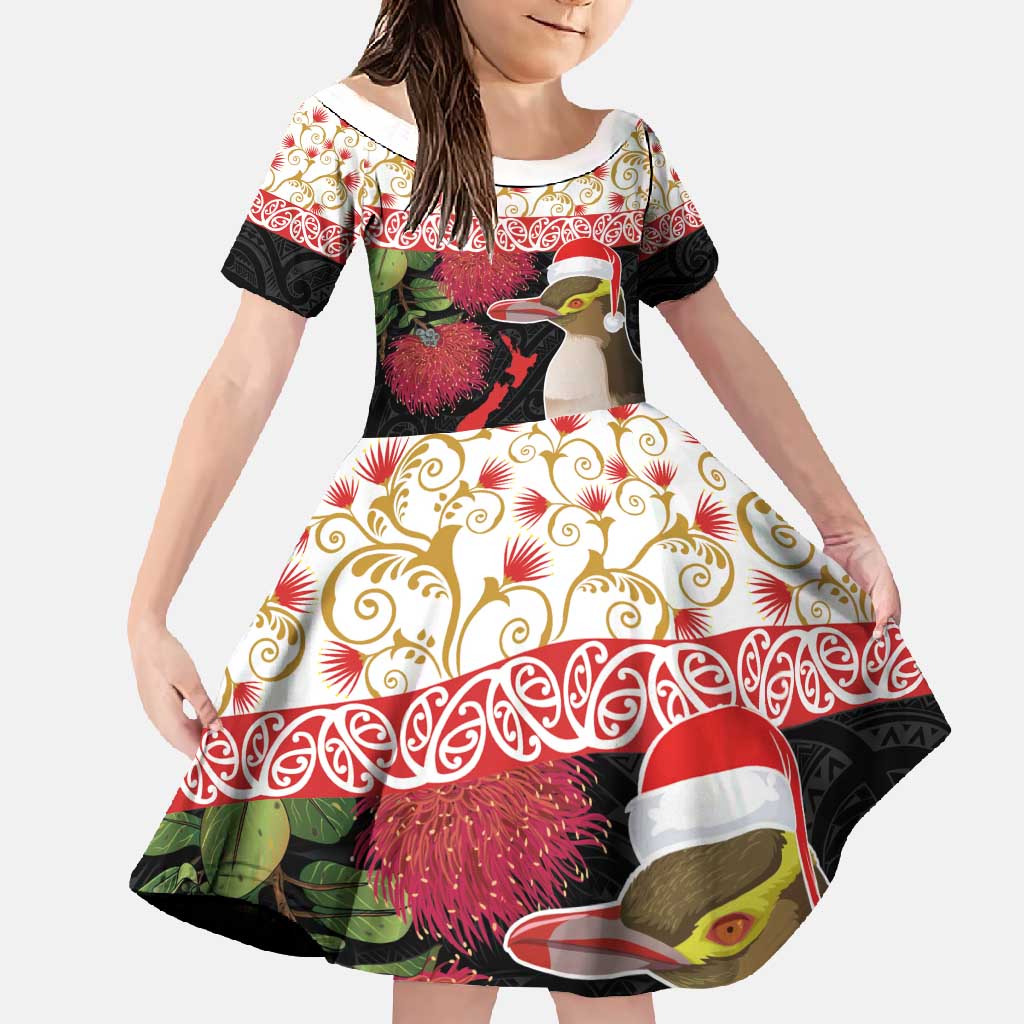New Zealand Merry Christmas Family Matching Short Sleeve Bodycon Dress and Hawaiian Shirt Hoiho Xmas - Haka Dance and Pohutukawa LT03 Daughter's Dress White - Polynesian Pride