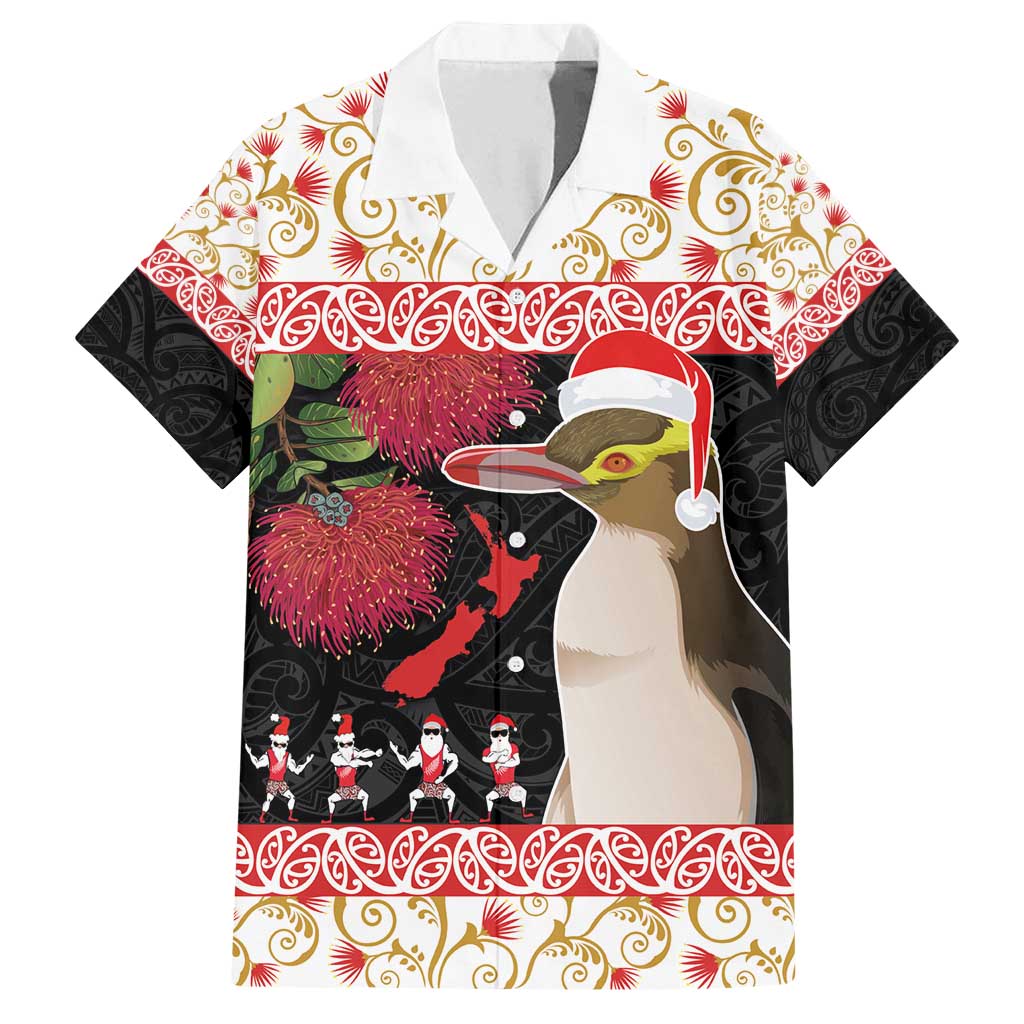 New Zealand Merry Christmas Family Matching Tank Maxi Dress and Hawaiian Shirt Hoiho Xmas - Haka Dance and Pohutukawa LT03 Dad's Shirt - Short Sleeve White - Polynesian Pride