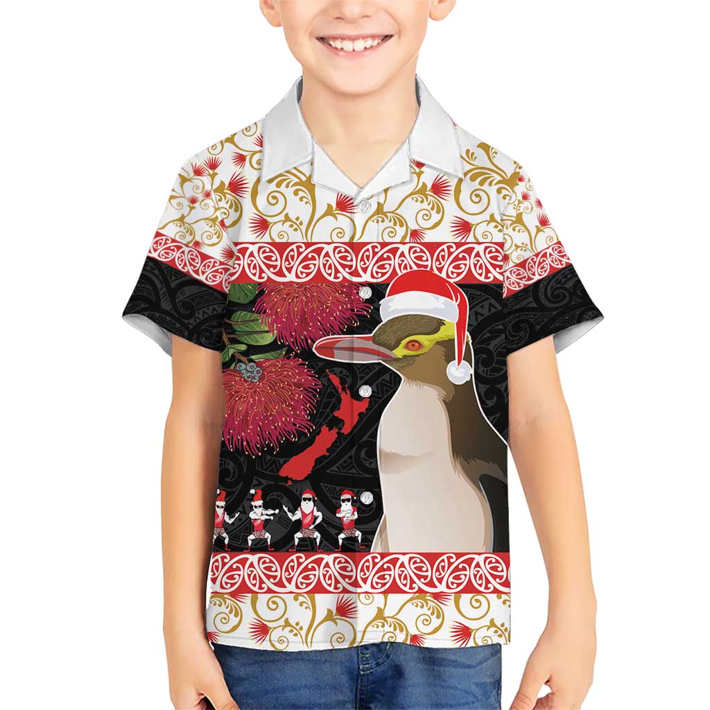 New Zealand Merry Christmas Kid Hawaiian Shirt Hoiho Xmas - Haka Dance and Pohutukawa