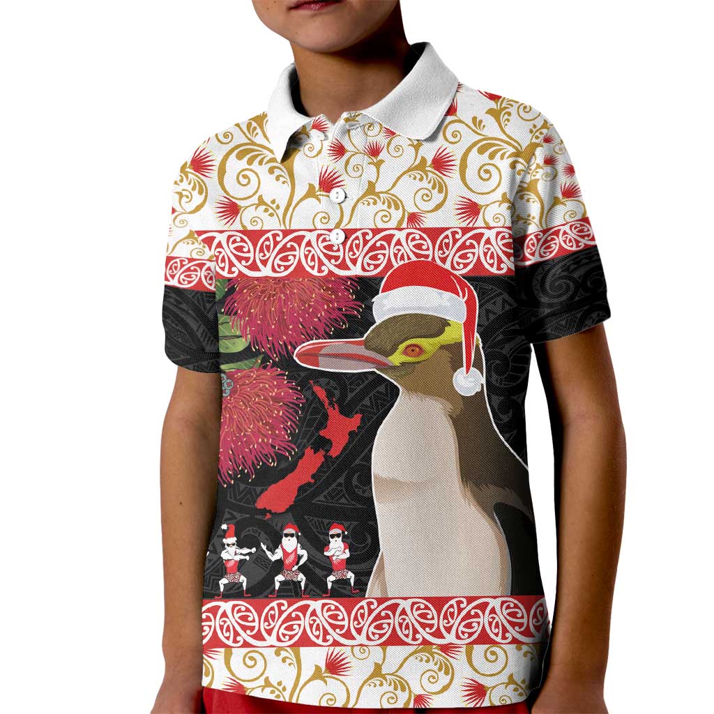 New Zealand Merry Christmas Kid Polo Shirt Hoiho Xmas - Haka Dance and Pohutukawa