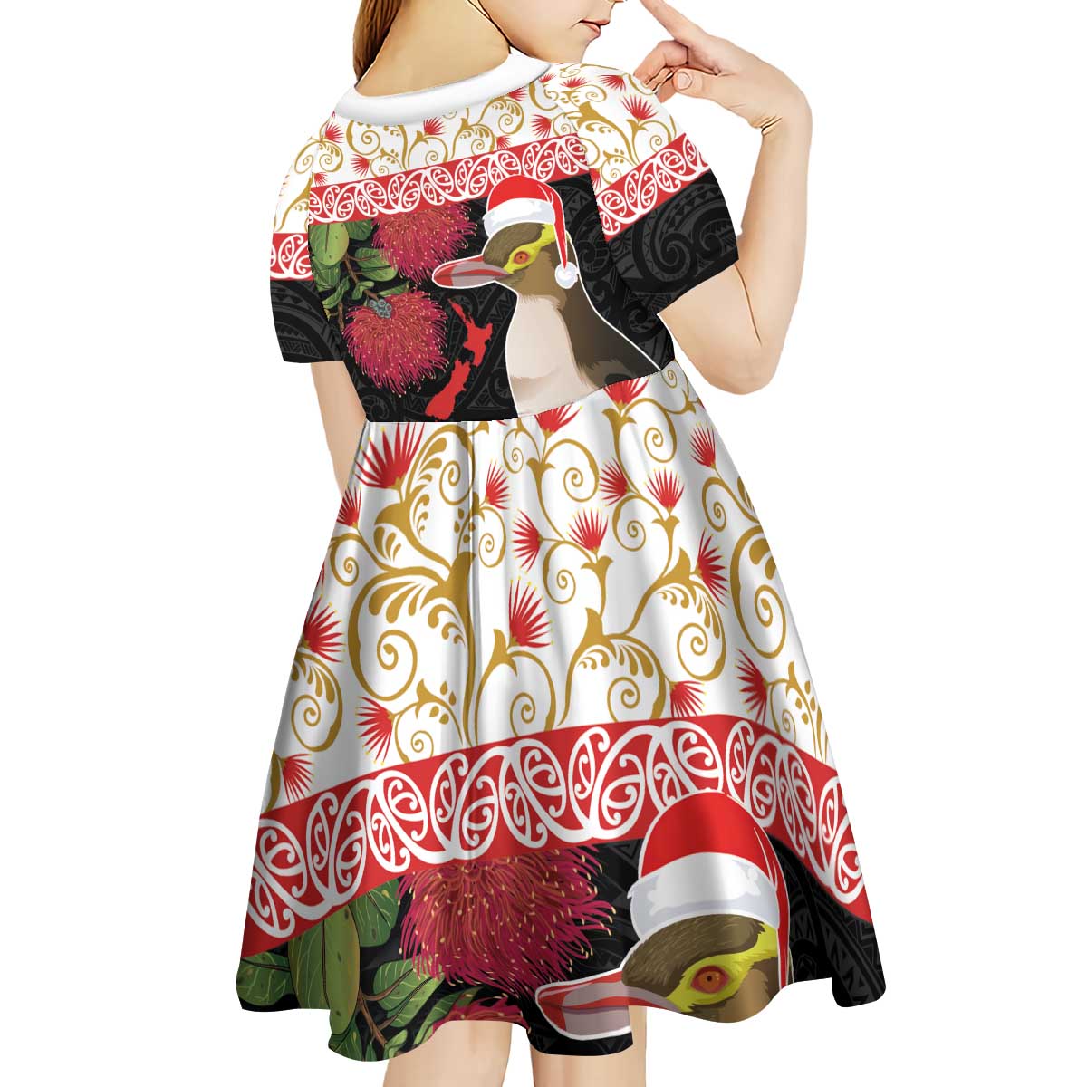 New Zealand Merry Christmas Kid Short Sleeve Dress Hoiho Xmas - Haka Dance and Pohutukawa