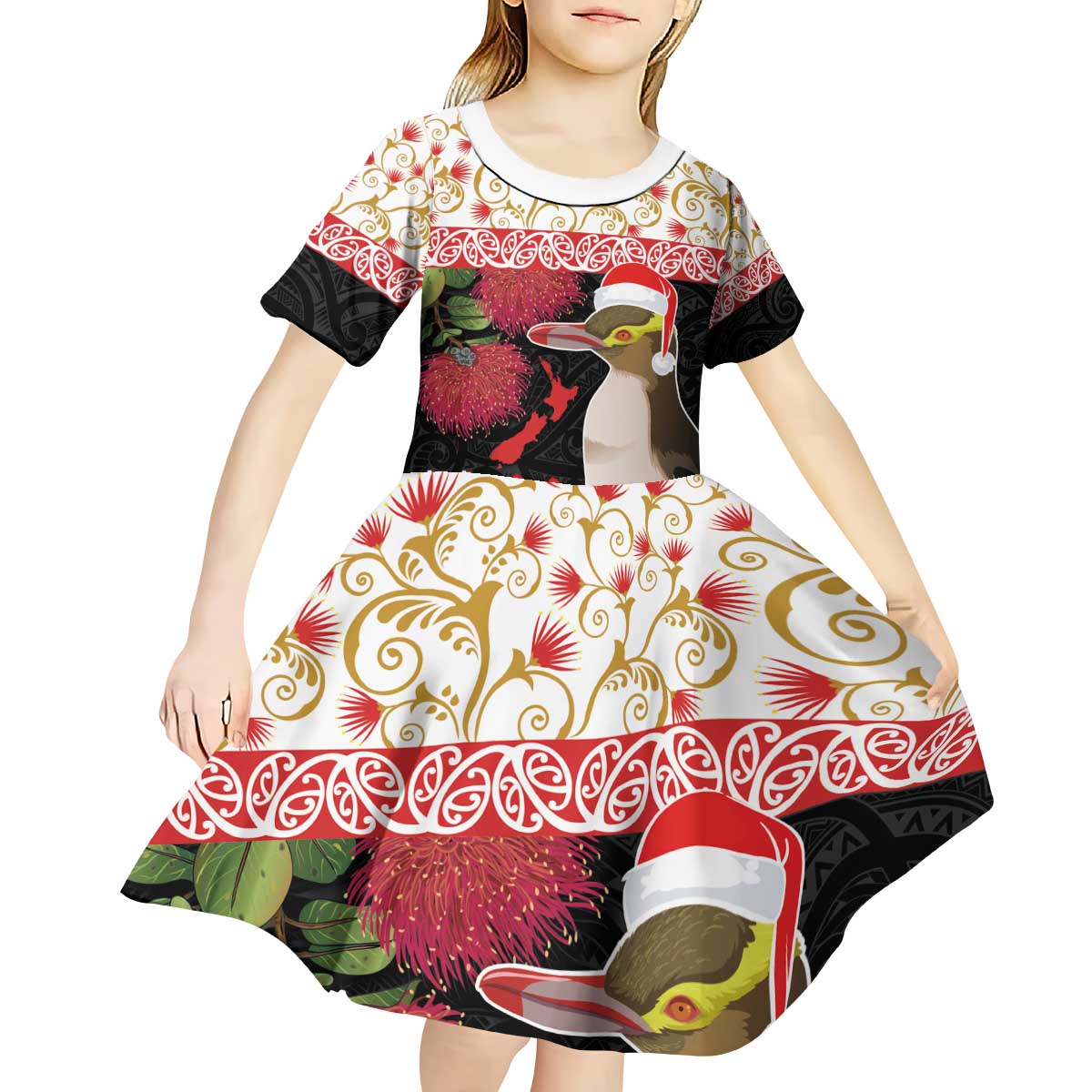 New Zealand Merry Christmas Kid Short Sleeve Dress Hoiho Xmas - Haka Dance and Pohutukawa