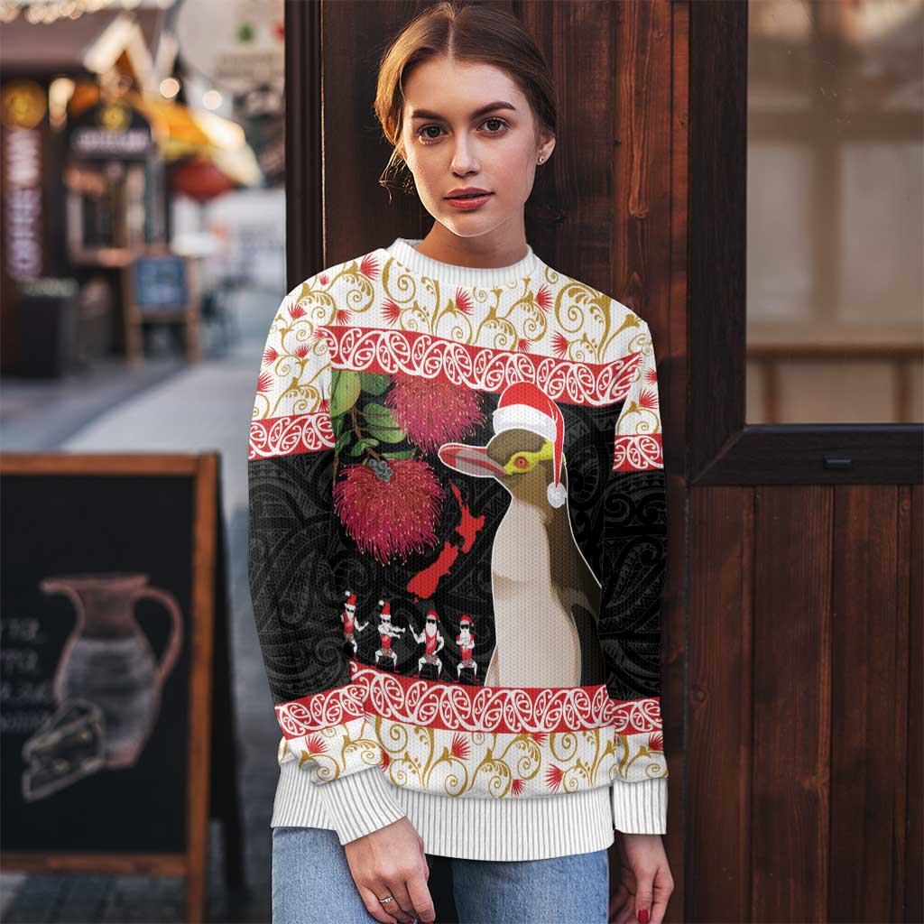 New Zealand Merry Christmas Ugly Christmas Sweater Hoiho Xmas - Haka Dance and Pohutukawa