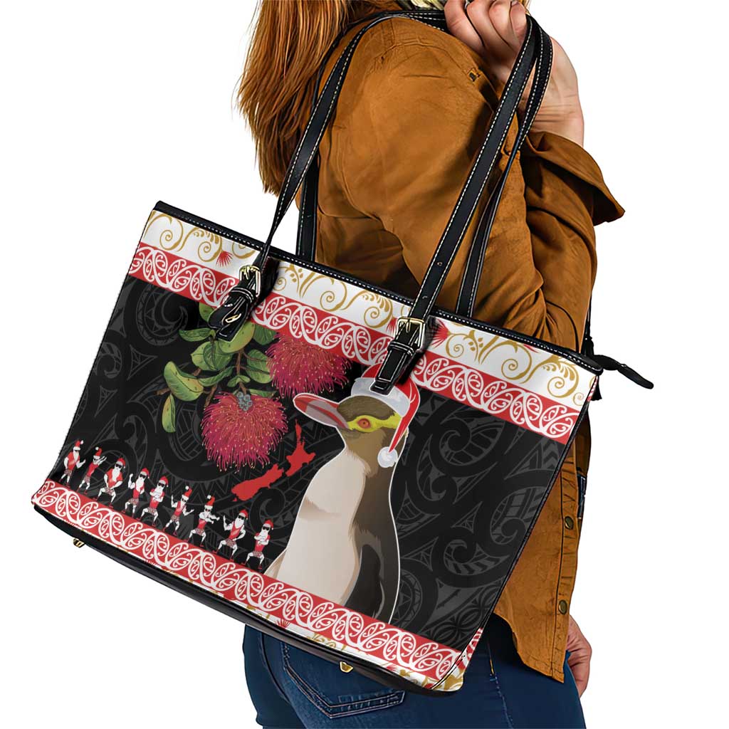 New Zealand Merry Christmas Leather Tote Bag Hoiho Xmas - Haka Dance and Pohutukawa