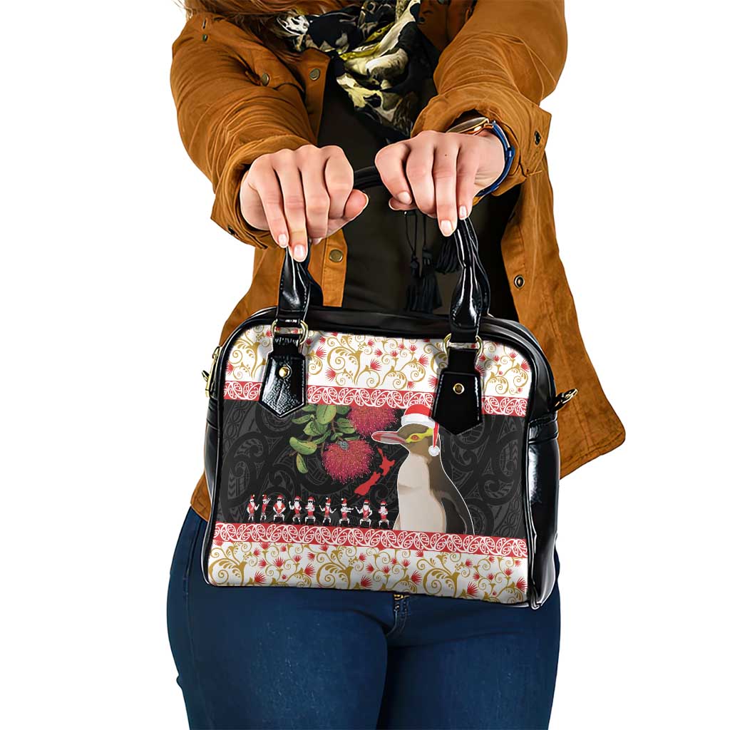 New Zealand Merry Christmas Shoulder Handbag Hoiho Xmas - Haka Dance and Pohutukawa LT03 One Size White - Polynesian Pride