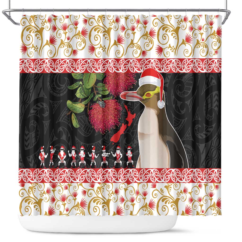 New Zealand Merry Christmas Shower Curtain Hoiho Xmas - Haka Dance and Pohutukawa LT03 White - Polynesian Pride