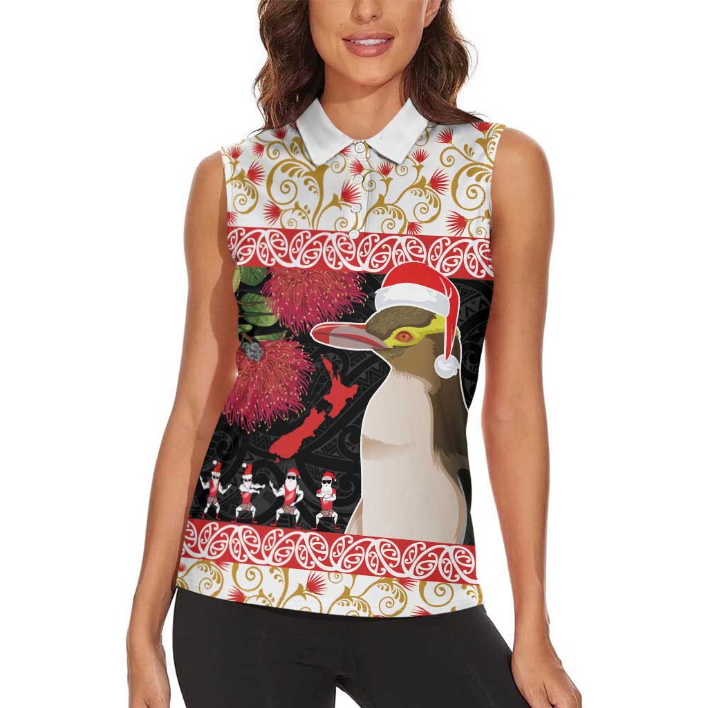 New Zealand Merry Christmas Women Sleeveless Polo Shirt Hoiho Xmas - Haka Dance and Pohutukawa