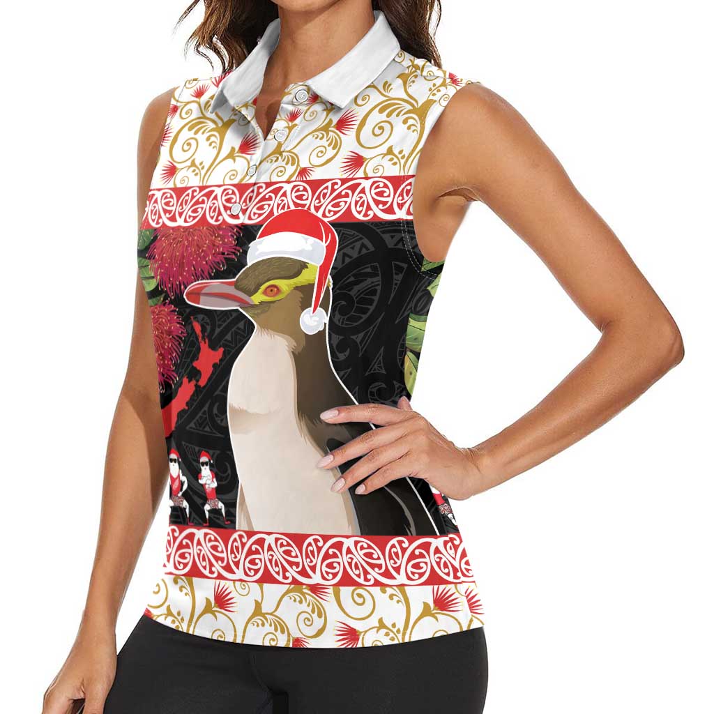 New Zealand Merry Christmas Women Sleeveless Polo Shirt Hoiho Xmas - Haka Dance and Pohutukawa